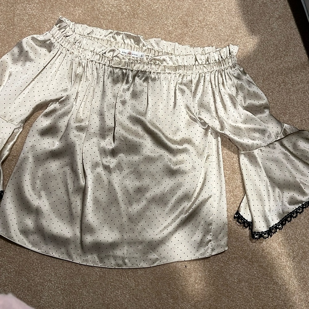 Silk off shoulder or on shoulder blouse with lace trim sleeve